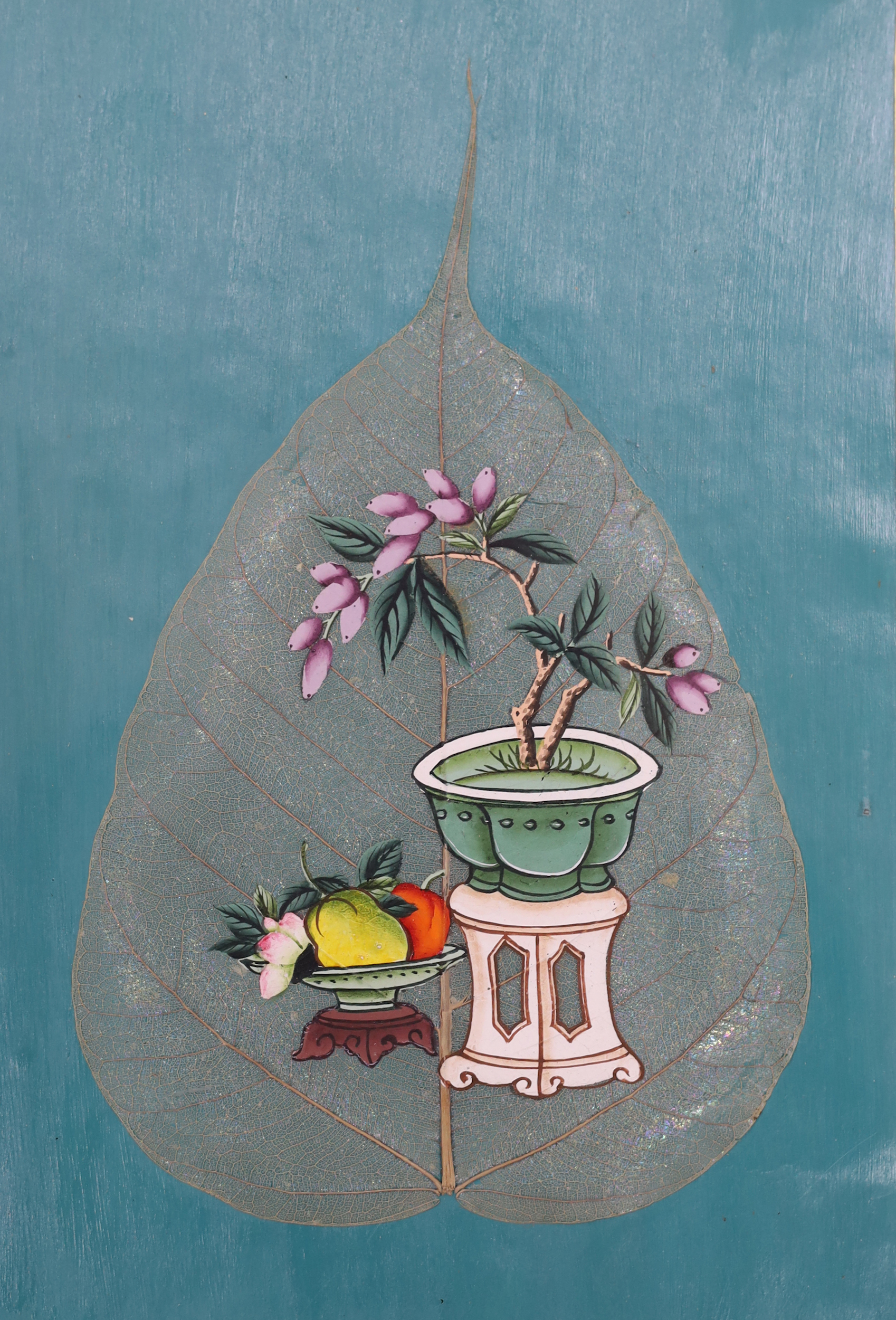 Chinese School, two gouaches on mulberry leaves, Still life of fruit and flowers, mounted and framed as one, each 22 x 14cm together with Chinese School, gouache on pith paper, Musicians playing instruments, 19 x 30cm